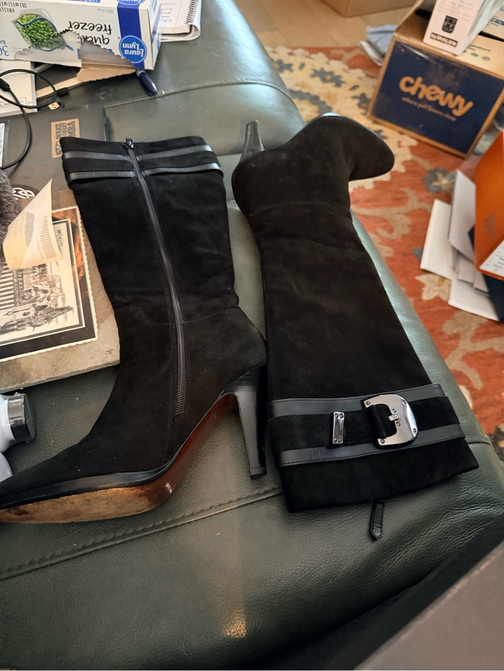 Cole Haan Black Suede Knee-High Heeled Boots with Buckle Accent